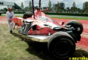 A severly damaged car, with the driver suffering no injury