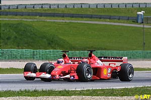 Michael Schumacher overtaking Rubens Barrichello at the 2001 Austrian GP