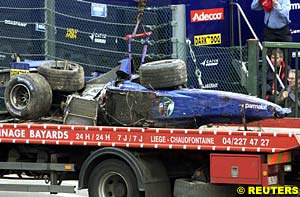 Luciano Burti's Prost-Acer AP04 on it's way back to the garage 