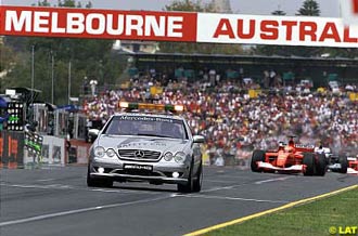 Michael Schumacher following the safety car around at the 2001 Australian Grand Prix