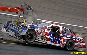 Todd Bodine's wrecked Ford Taurus, one of the many cars that finished the night in less than pristine condition