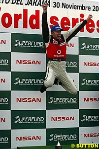 An excited Bas Leinders jumps for joy after winning the final race of the season and finishing the championship in third place