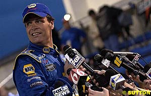 Winner Michael Waltrip speaks to the media post-race