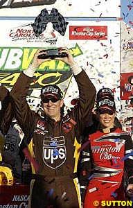 Dale Jarrett celebrates his win at The Rock