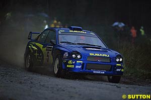 Richard Burns on the way to taking third place in the 2001 Rally of Great Britain and clinching the 2001 World Rally Championship