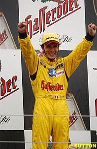 Laurent Aiello celebrates his and Audi's first victory for 2003