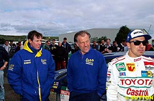 Colin McRae with his then team boss David Richards and 1994 World Champion Didier Auriol on his way to the title in 1995