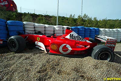The Ferrari F2003GA fuelled up and ready for Barrichello's exclusive use