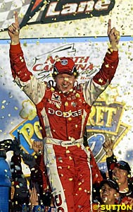 Bill Elliott celebrates victory at Rockingham