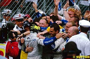 Montoya celebrates his win at Monaco
