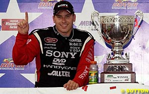 Ryan Newman celebrates his seventh win of the 2003 season