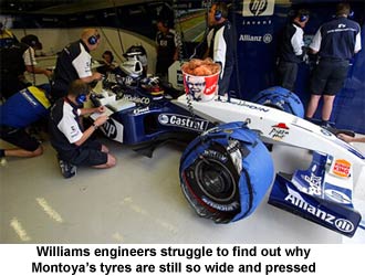 Williams engineers struggle to find out why Montoya's tyres are still so wide and pressed