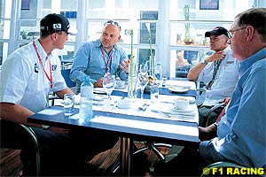 Ralf Schumacher with Bishop, Peter Windsor and Alan Henry