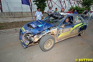 Mikko Hirvonen's wrecked Subaru