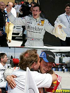 Gary Paffett celebrates his 'win', top, while bottom, Mattias Ekstrom is congratulated by a team member on his second place, which later became the win 