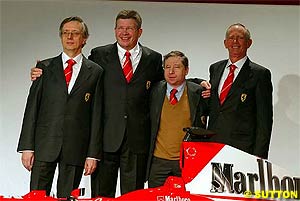 The main men: Paolo Martinelli, Ross Brawn, Jean Todt and Rory Byrne on Ferrari's launch day in Maranello.