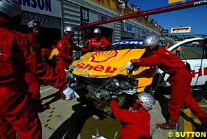 Steven Johnson's car after being involved in the incident where Dumbrell spun McConville