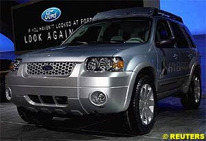 A Ford Escape Hybrid is seen on display at the New York auto show in April 