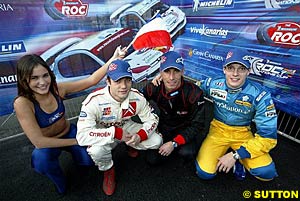 Sebastien Loeb, second from left, and Sebastien Bourdais, far right, at the 2002 Race of Champions