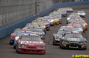 Winner Dale Earnhardt Jr leads the way