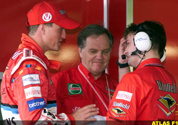 Ralf Schumacher, with Patrich head and an engineer