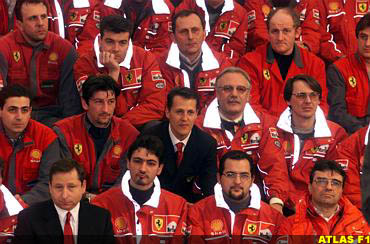 Schuey and the Ferrari crew wait for the F399 to be unveiled