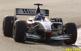 Mika Hakkinen driving his McLaren at Barcelona, today